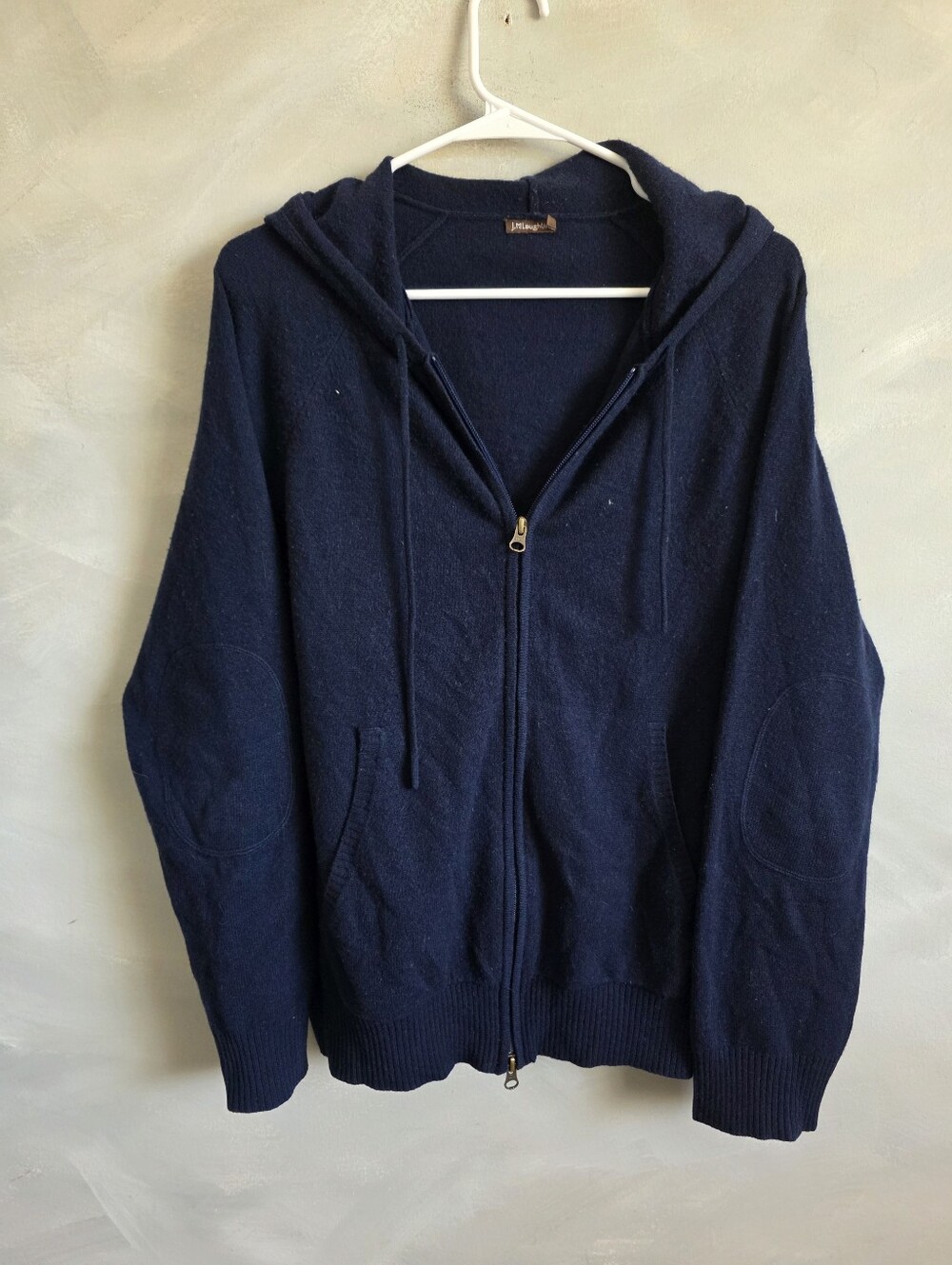 Deep Navy Blue 100% Cashmere Hooded Elbow Patch Cardigan Full Zip Sweater M